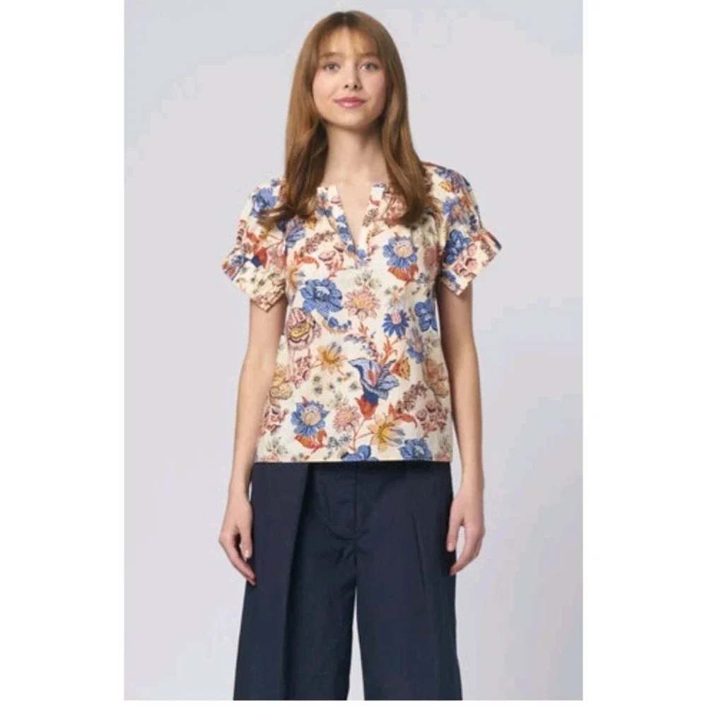 Ulla Johnson Naomi Top Cotton Floral Cream Red Blue Ruched Sleeve Blouse Size 2